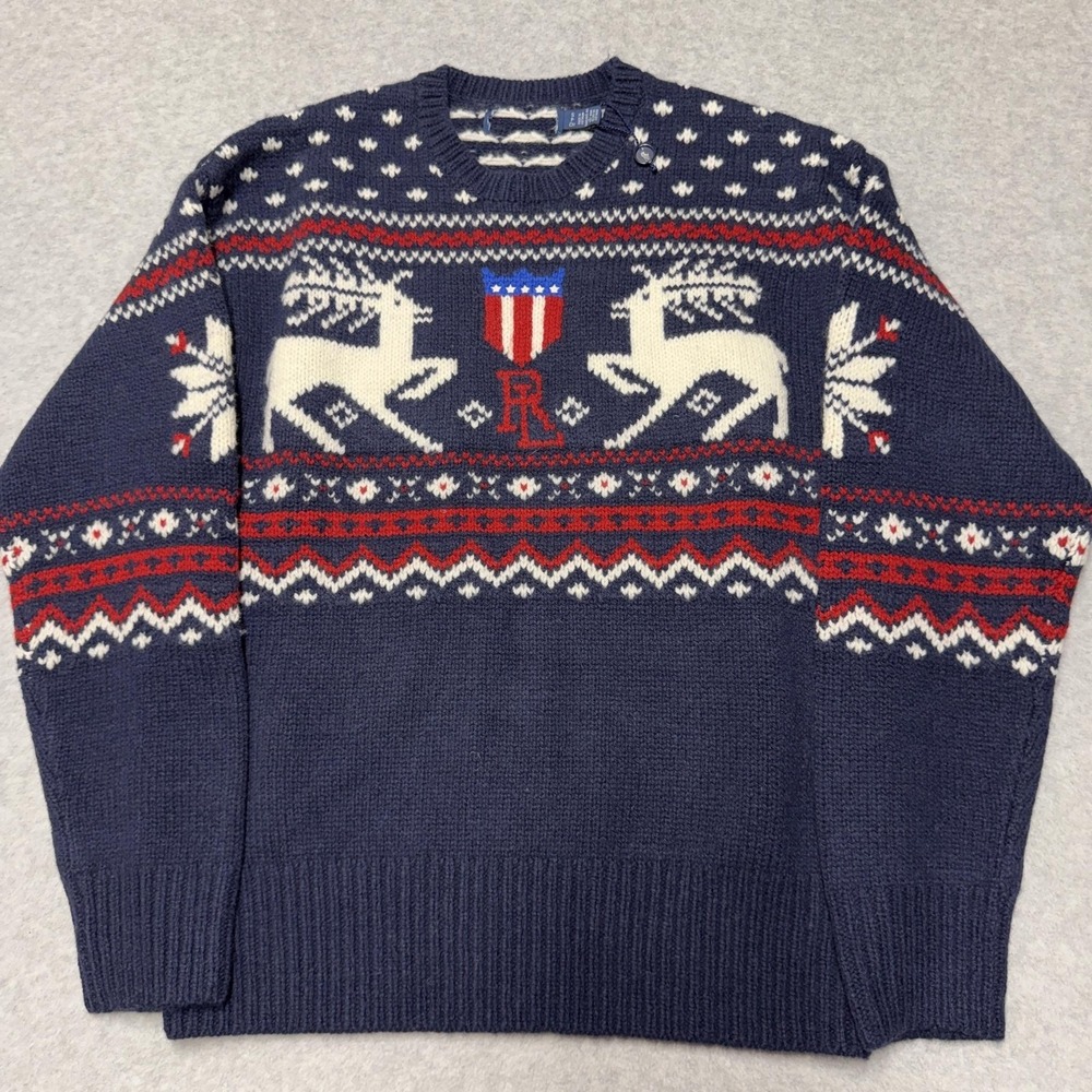 Polo Ralph Lauren Sweater Mens Medium Blue Wool Reindeer Fair Isle Pullover
